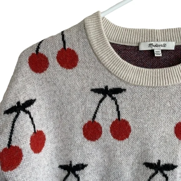 Madewell Wool & Alpaca Cherry Jacquard Pullover Sweater, Size XXS - Picture 5 of 9